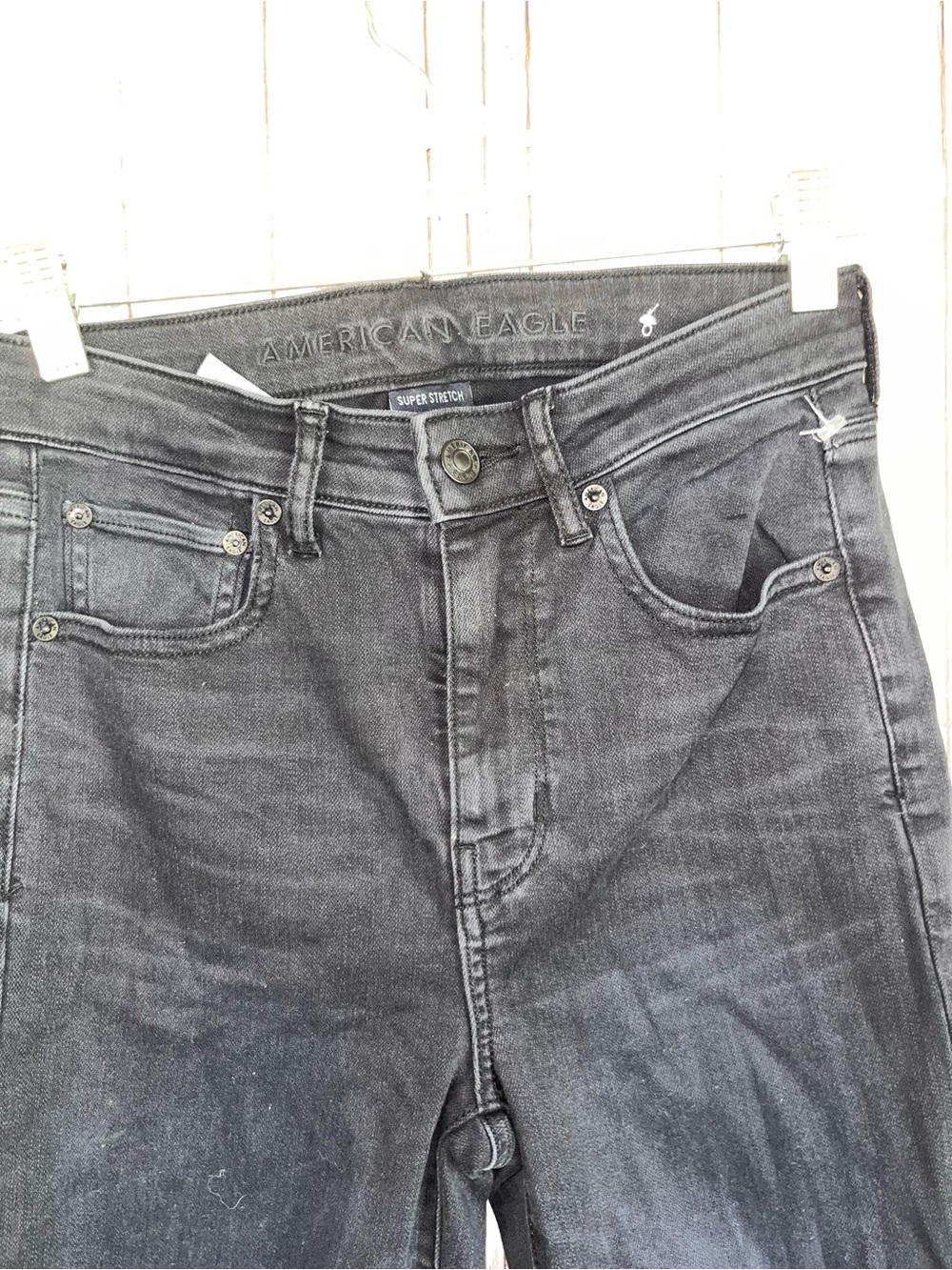 American Eagle Slim Straight Crop Jeans 2 Short Black Distressed Raw Hem - Picture 3 of 6